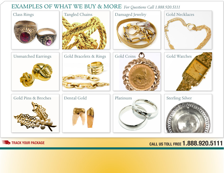 We buy class rings, tangled gold chains, bent or broken jewelry, dental gold, platinum, sterling silver